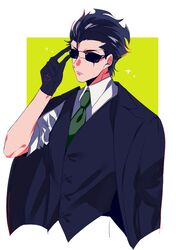  1boy ahoge black_gloves black_hair command_spell gloves green_necktie jacket_on_shoulders lancer_(fate/zero) male_focus necktie rankaku_(dandanzi123) solo sparkle sunglasses vest waistcoat 