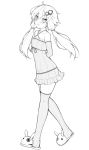 1girl :d arm_warmers bangs blush dress eyebrows_visible_through_hair from_side full_body greyscale hair_between_eyes haruyuki_(yukichasoba) lineart looking_at_viewer low_twintails monochrome open_mouth simple_background slippers smile solo standing thigh-highs twintails voiceroid yuzuki_yukari 