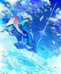  1boy above_clouds aircraft blue_jacket blue_pants blue_sky clouds cloudy_sky commentary_request floating_island flying from_side giant_tree hat jacket kaitan letter long_sleeves mailman male_focus original outdoors pants riding scenery science_fiction shoes sky solo tower vortex 