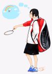  1girl backpack badminton_racket bag black_eyes black_hair black_skirt closed_mouth clouds contrapposto dated expressionless from_side grey_background hands_in_pockets highres holding jacket long_sleeves medium_hair original ponytail profile racket rainbow sako_(user_ndpz5754) shoes simple_background skirt solo standing thinking thought_bubble white_jacket 