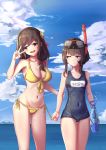  &gt;:t 2girls :d :t arm_grab artist_name bikini blush bow braid breasts brown_hair character_name closed_mouth clouds covered_navel day gluteal_fold goggles goggles_on_head hair_bow head_tilt highres holding j.xh kono_subarashii_sekai_ni_shukufuku_wo! large_breasts lens_flare long_hair looking_at_another megumin multiple_girls navel one-piece_swimsuit open_mouth outdoors red_bow red_eyes school_swimsuit short_hair_with_long_locks side-tie_bikini signature sky small_breasts smile snorkel standing swimsuit thigh_gap v_over_eye water water_gun yellow_bikini yunyun_(konosuba) 