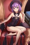  1girl arm_support bangs bare_arms bare_legs bare_shoulders barefoot black_hat black_swimsuit blunt_bangs blush book_stack breasts closed_mouth detached_collar eyebrows_visible_through_hair fate/grand_order fate_(series) finalcake frilled_swimsuit frills hat helena_blavatsky_(fate/grand_order) highres leaning_to_the_side looking_at_viewer purple_hair ribbon short_hair small_breasts smile solo strapless strapless_swimsuit swimsuit throne violet_eyes white_ribbon 