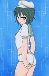  1girl adjusting_clothes adjusting_shorts anchor_symbol arms_at_sides ass bare_arms bare_legs cowboy_shot expressionless from_side green_eyes green_hair half-closed_eyes hat looking_at_viewer marsen midriff murasa_minamitsu parted_lips ringed_eyes sailor sailor_collar sailor_hat shirt short_hair short_shorts short_sleeves shorts side_glance solo standing stomach touhou white_pupils 