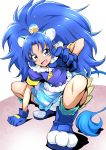  1girl :d animal_ears blue_eyes blue_footwear blue_gloves blue_hair blue_shirt blue_skirt cat_ears cat_tail crown cure_gelato extra_ears full_body gloves highres kirakira_precure_a_la_mode lion_ears lion_tail long_hair looking_at_viewer magical_girl mini_crown nakahira_guy open_mouth petticoat precure shirt shoes skirt smile solo squatting tail tategami_aoi 