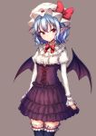  &gt;:) 1girl alternate_costume arms_at_sides bad_id bad_pixiv_id bat_wings black_legwear black_wings blue_hair blush bow bowtie center_frills closed_mouth corset cowboy_shot hat hat_bow highres juliet_sleeves junior27016 layered_skirt leg_garter legs_together long_sleeves looking_at_viewer mob_cap puffy_sleeves purple_skirt red_bow red_bowtie red_eyes remilia_scarlet shirt short_hair simple_background skirt solo standing thigh-highs touhou tsurime white_hat white_shirt wings zettai_ryouiki 