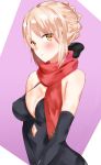  1girl artoria_pendragon_(all) bare_shoulders benten_(ioj3446) black_dress black_gloves blonde_hair breasts cleavage dress elbow_gloves eyebrows_visible_through_hair fate/stay_night fate_(series) gloves highres looking_at_viewer medium_breasts parted_lips pink_background red_scarf saber_alter scarf shiny shiny_hair short_hair sleeveless sleeveless_dress solo two-tone_background upper_body yellow_eyes 