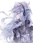  1girl blue_eyes blush earmuffs eyebrows_visible_through_hair hammer_and_sickle hat hibiki_(kantai_collection) kantai_collection kvlen long_hair looking_to_the_side parted_lips silver_hair solo upper_body verniy_(kantai_collection) white_hat 