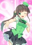  1girl ;d alternate_costume bangs black_skirt blunt_bangs blush bow bowtie breasts brown_hair buttons chocolate_hair commentary_request cowboy_shot flower foreshortening frilled_skirt frills gochuumon_wa_usagi_desu_ka? green_bow green_bowtie green_eyes green_hat green_ribbon green_vest hair_flower hair_ornament hat hat_bow long_hair looking_at_viewer medium_breasts mini_hat mutou_riu one_eye_closed open_mouth outstretched_arm puffy_short_sleeves puffy_sleeves rabbit_house_uniform ribbon shirt short_sleeves side_ponytail sidelocks skirt smile solo sparkle standing two-tone_background ujimatsu_chiya vest white_flower white_shirt 