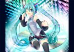 1girl aqua_eyes aqua_hair boots detached_sleeves hatsune_miku headset long_hair nail_polish necktie one_eye_closed open_mouth outstretched_arm sitting skirt solo thigh-highs thigh_boots tougo twintails very_long_hair vocaloid 