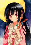  1girl bangs black_hair blush bow bowtie branch closed_mouth eyebrows_visible_through_hair full_body holding houraisan_kaguya jeweled_branch_of_hourai long_sleeves looking_at_viewer qqqrinkappp red_eyes sample smile solo touhou traditional_media upper_body white_bow white_bowtie 