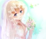  1girl blush bouquet breasts bridal_veil bride closed_mouth collarbone elbow_gloves eyebrows_visible_through_hair flower from_above from_side gloves hair_between_eyes holding holding_bouquet ionasal_kkll_preciel medium_breasts mogupon multicolored multicolored_background sketch smile solo surge_concerto upper_body veil 