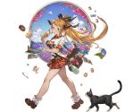 1girl animal bag blonde_hair blue_sky bow bowtie breasts candy cat clouds doraf doughnut flower food full_body glasses granblue_fantasy green_eyes hair_ornament holding horn ice_cream large_breasts long_hair looking_at_viewer map minaba_hideo official_art parted_lips pleated_skirt pointy_ears ponytail pudding saaya_(granblue_fantasy) shirt shoes short_sleeves skirt sky smile spoon transparent_background 