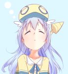  1girl bangs blue_ribbon closed_eyes closed_mouth collarbone dunsparce eyebrows_visible_through_hair facing_viewer flat_chest gochuumon_wa_usagi_desu_ka? hair_ornament hairclip hetareeji kafuu_chino light_blue_hair long_hair neck_ribbon on_head pokemon pokemon_(creature) portrait ribbon shirt sleeping two-tone_background upper_body x_hair_ornament yellow_shirt 