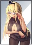  1girl arm_up bare_shoulders blonde_hair blue_eyes breasts cleavage crown glasses hair_between_eyes hair_ornament hand_on_glasses highres kantai_collection large_breasts long_hair looking_at_viewer meme_attire open-chest_sweater open_mouth pantyhose senwa sidelocks simple_background solo sweater warspite_(kantai_collection) 