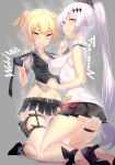  2girls asymmetrical_hair bangs black_skirt blonde_hair blush breasts character_name closed_mouth dev dripping eyebrows_visible_through_hair five-seven_(girls_frontline) full_body girls_frontline grey_background hands_up highres hot kneeling looking_at_viewer medium_breasts miniskirt multiple_girls pleated_skirt ponytail short_twintails sideboob sidelocks simple_background skirt smile sweat sweat_stain sweating thigh_strap twintails welrod_mk2_(girls_frontline) wet_clothes white_hair yellow_eyes 