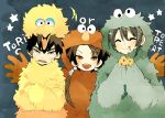  3boys ^_^ big_bird big_bird_(cosplay) blush brown_hair closed_eyes cookie cookie_monster cookie_monster_(cosplay) cosplay doudanuki_masakuni eating elmo elmo_(cosplay) engrish food halloween halloween_costume kashuu_kiyomitsu licking_lips long_hair looking_at_viewer male_focus mikazuki_munechika multiple_boys nekonomanma open_mouth ponytail ranguage sesame_street star tongue tongue_out touken_ranbu 