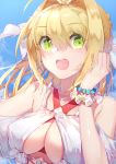  1girl :d absurdres ahoge bangs bikini blonde_hair blush bracelet breasts criss-cross_halter dress eyes_visible_through_hair fate/grand_order fate_(series) green_eyes hair_intakes hair_over_eyes hair_ribbon halterneck highres jewelry large_breasts long_hair looking_at_viewer mz7 nero_claudius_(swimsuit_caster)_(fate) off-shoulder_dress off_shoulder open_mouth outdoors ribbon saber_extra sky smile solo striped striped_bikini swimsuit upper_body white_dress white_flower white_ribbon 