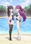  2girls arms_behind_back ass back_cutout black_hair black_legwear black_ribbon blue_eyes butt_crack day fate_(series) from_behind hair_ribbon highres lenka1264504528 long_hair looking_at_viewer looking_back matou_sakura multiple_girls one-piece_swimsuit open-back_swimsuit open_mouth outdoors pool purple_hair red_ribbon ribbon siblings sisters smile standing swimsuit thigh-highs tohsaka_rin two_side_up very_long_hair violet_eyes white_legwear younger 