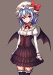  &gt;:) 1girl alternate_costume arms_at_sides bat_wings black_legwear black_wings blue_hair blush bow center_frills closed_mouth corset cowboy_shot hat hat_bow highres juliet_sleeves junior27016 layered_skirt leg_garter legs_together long_sleeves looking_at_viewer mob_cap puffy_sleeves purple_skirt red_bow red_eyes redd_bowtie remilia_scarlet shirt short_hair simple_background skirt solo standing thigh-highs touhou tsurime white_hat white_shirt wings zettai_ryouiki 