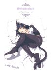  1girl animal_ears black_eyes black_hair cat_ears cat_tail catsuit choco_(moyasi) commentary_request kujou_subaru open_mouth pillow sakura_taisen_v solo tail white_pillow 