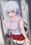  10s 1girl absurdres bare_shoulders blurry blush breasts depth_of_field door entrance hair_between_eyes highres large_breasts long_hair narayu open_mouth purple_hair red_shorts scrunchie senki_zesshou_symphogear shoes short_shorts shorts sleeveless solo thigh-highs twintails very_long_hair violet_eyes yukine_chris 