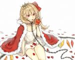  1girl alternate_costume bangs blonde_hair cape chains collar crown eating fangs flandre_scarlet food fruit hair_ribbon holding holding_fruit itak69 petals red_eyes red_ribbon ribbon rose_petals shirt simple_background sitting solo touhou white_background white_shirt wings 