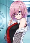  1girl bare_shoulders black-framed_eyewear closed_mouth fate/grand_order fate_(series) glasses looking_at_viewer mizunashi_hayate necktie off_shoulder pink_hair red_necktie shielder_(fate/grand_order) short_hair smile solo upper_body violet_eyes 