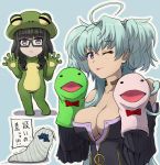  10s 3girls :p ahoge bangs bare_shoulders black-framed_eyewear blue_background blue_hair blunt_bangs breasts cagliostro_(symphogear) chibi cleavage commentary detached_sleeves dual_wielding frog hair_bondage hand_puppet large_breasts long_hair looking_at_viewer multiple_girls natsutarou one_eye_closed prelati_(symphogear) puppet saint-germain_(symphogear) senki_zesshou_symphogear simple_background tongue tongue_out two_side_up violet_eyes 