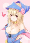  1girl alternate_costume blonde_hair breasts cleavage collarbone commentary_request cosplay dark_magician_girl dark_magician_girl_(cosplay) eyebrows_visible_through_hair hair_flaps hair_ornament hairclip heart highres kantai_collection large_breasts long_hair red_eyes remodel_(kantai_collection) saku_(kudrove) smile solo yu-gi-oh! yuudachi_(kantai_collection) 