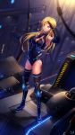 absurdres bare_shoulders blonde_hair blue_eyes breasts cleavage_cutout covered_navel elbow_gloves full_body gloves glowing highres large_breasts leotard looking_at_viewer luo_qingyu mecha original salute standing thigh-highs 