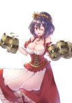  1girl absurdres alcohol bare_shoulders beer blush breasts cleavage collarbone dress eyebrows_visible_through_hair highres kushidama_minaka large_breasts looking_at_viewer one_eye_closed open_mouth purple_hair red_eyes short_hair smile solo standing touhou transparent_background yasaka_kanako 
