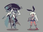  2girls cane commentary_request kantai_collection long_hair multiple_girls pixel_art rensouhou-chan sakuemon shimakaze_(kantai_collection) shinkaisei-kan striped striped_legwear thigh-highs wo-class_aircraft_carrier 