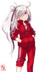  1girl 2017 ahoge asashimo_(kantai_collection) cowboy_shot dated grey_eyes grin hair_over_one_eye hands_in_pockets highres kanon_(kurogane_knights) kantai_collection logo long_hair ponytail red_track_suit silver_hair simple_background smile solo standing track_suit white_background 