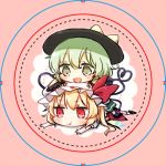  2girls :d :t black_hat blonde_hair blush chibi crystal flandre_scarlet frilled_sleeves frills green_eyes green_hair hat hat_ribbon heart heart_of_string honotai komeiji_koishi long_sleeves lowres mob_cap multiple_girls open_mouth puffy_short_sleeves puffy_sleeves red_eyes ribbon short_sleeves side_ponytail smile third_eye touhou wings 