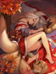  1girl animal_ears bell fox fox_ears fox_tail japanese_clothes leaf long_hair lying original red_eyes tail white_hair yoko-aki 