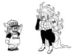  2girls android android_21 baseball_cap boots creator_connection crossover cyborg dr._slump dragon_ball dragon_ball_fighterz drawn earrings glasses glasses_day gloves greyscale hat highres hoop_earrings jewelry labcoat lee_(dragon_garou) long_hair monochrome multiple_girls norimaki_arale overalls pantyhose shirt shorts squatting t-shirt toriyama_akira_(style) traditional_media trait_connection waving winged_hat 