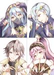  2boys 2girls aqua_(fire_emblem_if) atoatto azur_(fire_emblem) blue_eyes blue_hair fingerless_gloves fire_emblem fire_emblem:_kakusei fire_emblem_heroes fire_emblem_if gloves hair_between_eyes hair_over_one_eye long_hair looking_at_viewer mother_and_son multiple_boys multiple_girls olivia_(fire_emblem) open_mouth pink_hair polearm shigure_(fire_emblem_if) short_hair simple_background smile twintails weapon yellow_eyes 