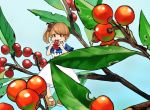  1girl berries blue_background blue_shirt blush branch brown_eyes brown_footwear brown_hair commentary_request copyright_request dress eating eyebrows_visible_through_hair food food_request foot_dangle fruit hat holding holding_fruit in_tree leaf mary_janes minigirl mole pigeon-toed pinafore_dress sako_(user_ndpz5754) shirt shoes short_sleeves side_ponytail sitting sitting_in_tree solo tree white_dress 