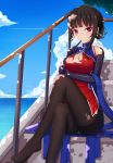  1girl black_hair black_legwear blue_gloves blue_sky china_dress chinese_clothes cleavage_cutout clouds day dress earrings elbow_gloves eyebrows_visible_though_hair finger_to_mouth gloves highres index_finger_raised jewelry legs_crossed looking_at_viewer muq outdoors pantyhose red_dress red_eyes short_dress short_hair_with_long_locks sidelocks sitting sky smile solo yat_sen_(zhan_jian_shao_nyu) zhan_jian_shao_nyu 