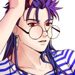 1boy bespectacled blue_eyebrows blue_hair blue_stripes casual collarbone earrings eyebrows eyebrows_behind_hair fate/stay_night fate_(series) glasses jewelry lancer long_hair male_focus mogi2829 open_eyes open_mouth red_eyes round_glasses shirt solo striped striped_shirt white_background white_stripes