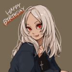  1girl :p blue_jacket closed_mouth commentary_request cross cross_necklace english grey_background happy_birthday jacket jewelry long_hair long_sleeves looking_at_viewer necklace red_eyes sako_(user_ndpz5754) shirt silver_hair simple_background smile solo tongue tongue_out white_shirt 