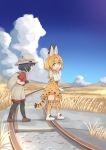  2girls :d animal_ears ankle_boots backpack bag bare_shoulders black_gloves black_hair black_legwear blonde_hair boots bow bowtie clouds day elbow_gloves eyebrows_visible_through_hair from_side gloves hat hat_feather hatafuta high-waist_skirt highres holding_strap kaban_(kemono_friends) kemono_friends looking_at_another looking_back mountain multiple_girls open_mouth pantyhose print_bowtie print_gloves print_legwear print_skirt railroad_tracks red_shirt serval_(kemono_friends) serval_ears serval_print serval_tail shirt short_hair short_sleeves shorts skirt sky sleeveless smile tail thigh-highs walking white_boots white_shirt yellow_eyes zettai_ryouiki 