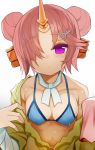  1girl bandage bandaged_arm bare_shoulders bikini blue_bikini blush breasts cleavage detached_sleeves double_bun fate/grand_order fate_(series) frankenstein&#039;s_monster_(swimsuit_saber)_(fate) hair_ornament hair_over_one_eye highres horn izuoku looking_at_viewer medium_breasts pink_hair simple_background sleeves_past_wrists solo swimsuit violet_eyes wet white_background 