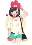  ama_mitsuki bag beanie duffel_bag floral_print green_shorts hat mizuki_(pokemon_sm) poke_ball pokemon pokemon_(game) pokemon_sm red_hat shirt shorts t-shirt tied_shirt yellow_shirt 