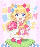  1girl absurdres blonde_hair blue_bow blue_eyes blush bouquet bow character_request eyebrows_visible_through_hair flower gift hair_bow happy_birthday highres holding holding_bouquet holding_gift holding_stuffed_animal looking_at_viewer ninnin_(choky13) open_mouth pripara red_bow short_hair short_twintails smile solo stuffed_animal stuffed_toy twintails 