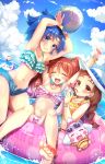  5girls arisugawa_himari armpits arms_up ball barefoot beachball bikini blue_eyes blue_hair blue_shorts bracelet braid brown_eyes brown_hair chourou_(precure) closed_eyes clouds collarbone copyright_name creature day drinking_straw feet food_themed_hair_ornament grin hair_ornament hat highres holding holding_ball holding_glass innertube jewelry kenjou_akira kirakira_precure_a_la_mode kotozume_yukari long_hair looking_at_viewer multiple_girls navel open_fly pekorin_(precure) pink_bikini precure purple_hair redhead revision satou_(kuso-neet) short_hair short_shorts shorts sky smile soles strawberry_hair_ornament sun_hat swimsuit tategami_aoi toes umbrella unbuttoned usami_ichika water white_hat 