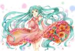  1girl :d aqua_eyes aqua_hair bangs detached_sleeves dress floating_hair flower hand_on_own_chest happy_birthday hatsune_miku long_hair nail_polish open_mouth smile solo twintails very_long_hair vocaloid white_background 