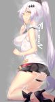  1girl bangs black_skirt blush breasts closed_mouth dev dripping five-seven_(girls_frontline) girls_frontline highres hot kneeling medium_breasts miniskirt pleated_skirt ponytail sideboob sidelocks skirt smile sweat sweat_stain sweating thigh_strap wet_clothes white_hair yellow_eyes 