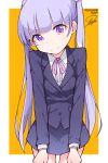  1girl character_name commentary copyright_name cowboy_shot eyebrows_visible_through_hair formal head_tilt highres long_hair looking_at_viewer new_game! purple_hair signature simple_background skirt smile solo suit suzukaze_aoba tosyeo twintails very_long_hair violet_eyes yellow_background 