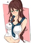  1girl absurdres anchor_symbol arms_behind_head bare_shoulders blush braid breasts brown_hair cleavage collarbone eyebrows_visible_through_hair eyes_visible_through_hair garter_straps gloves green_eyes hair_between_eyes highres kantai_collection large_breasts long_hair looking_at_viewer navel noshiro_(kantai_collection) oputon sidelocks simple_background single_thighhigh skirt solo thigh-highs twin_braids 